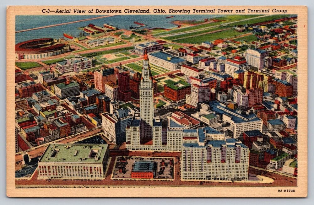 Vintage 1939 Cleveland Ohio Linen Postcard Aerial View Terminal Tower Stadium